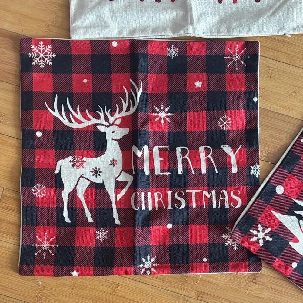 Festive Holiday Pillow Covers Set - Red and Black Plaid